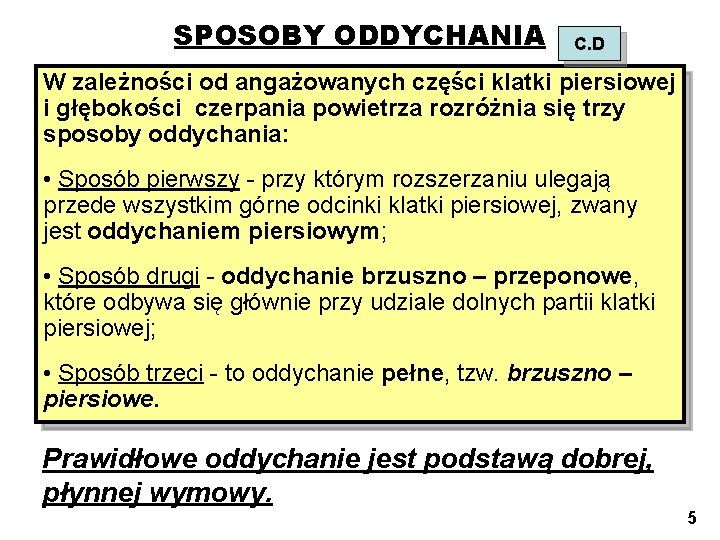 SPOSOBY ODDYCHANIA C. D W zależności od angażowanych części klatki piersiowej i głębokości czerpania
