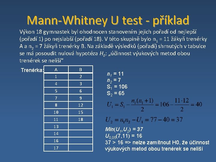 Mann‐Whitney U test ‐ příklad Výkon 18 gymnastek byl ohodnocen stanovením jejich pořadí od