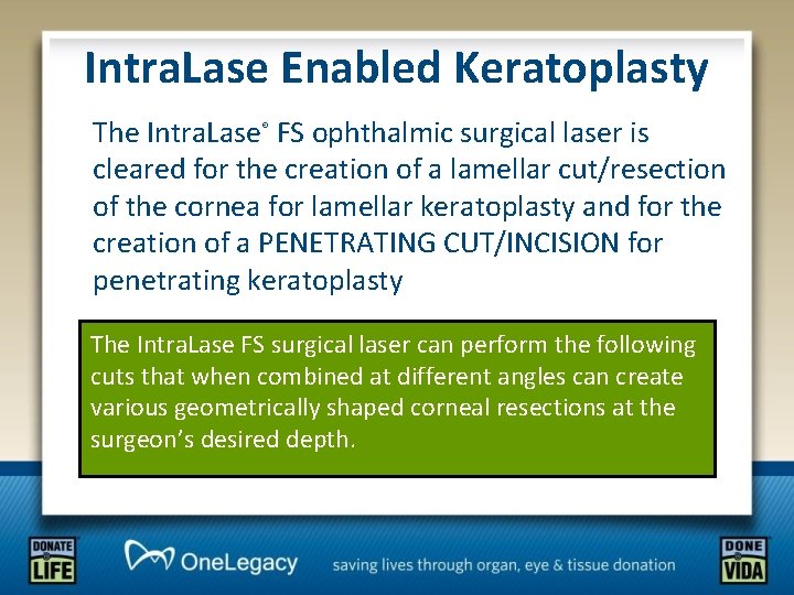 Intra. Lase Enabled Keratoplasty The Intra. Lase® FS ophthalmic surgical laser is cleared for
