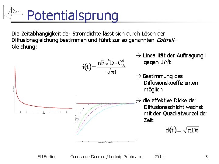 Potentialsprung Die Zeitabhängigkeit der Stromdichte lässt sich durch Lösen der Diffusionsgleichung bestimmen und führt