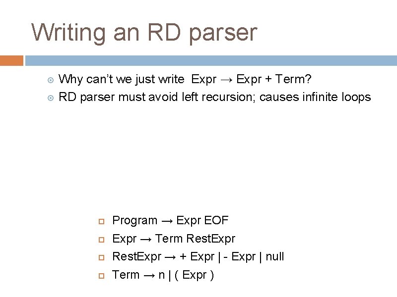 Writing an RD parser Why can’t we just write Expr → Expr + Term?