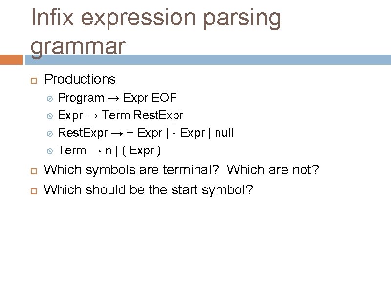 Infix expression parsing grammar Productions Program → Expr EOF Expr → Term Rest. Expr