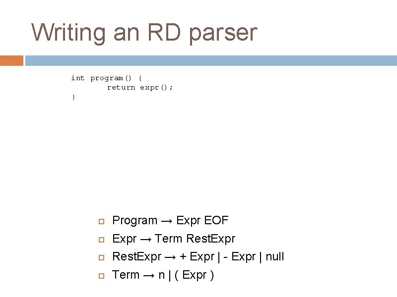 Writing an RD parser int program() { return expr(); } Program → Expr EOF