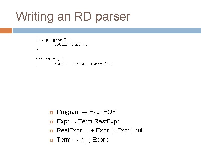 Writing an RD parser int program() { return expr(); } int expr() { return