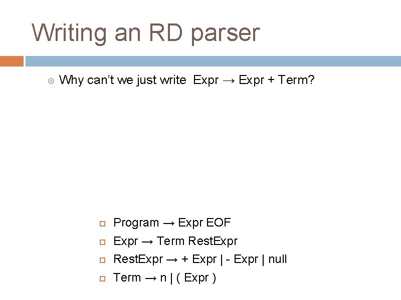 Writing an RD parser Why can’t we just write Expr → Expr + Term?