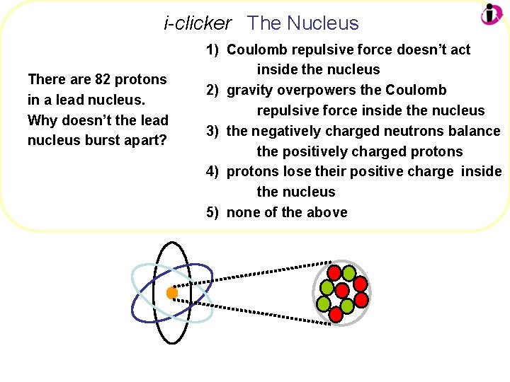 i-clicker The Nucleus There are 82 protons in a lead nucleus. Why doesn’t the