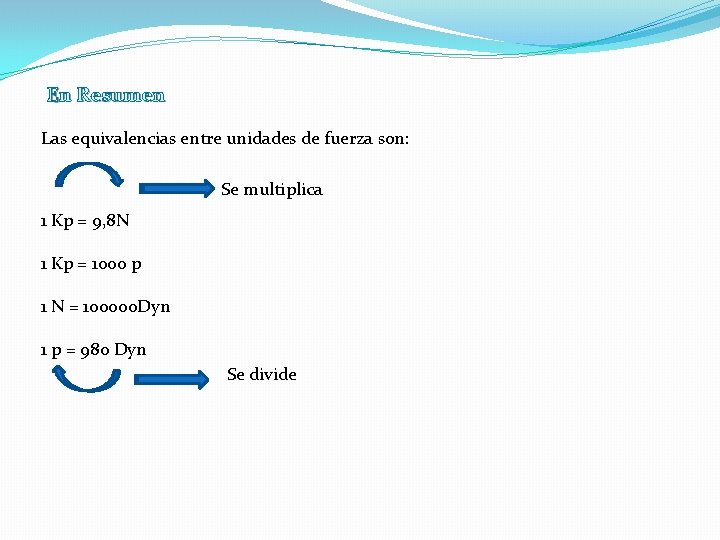 En Resumen Las equivalencias entre unidades de fuerza son: Se multiplica 1 Kp =