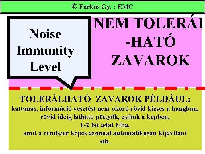 © Farkas Gy. : EMC Noise Immunity Level NEM TOLERÁL -HATÓ ZAVAROK TOLERÁLHATÓ ZAVAROK