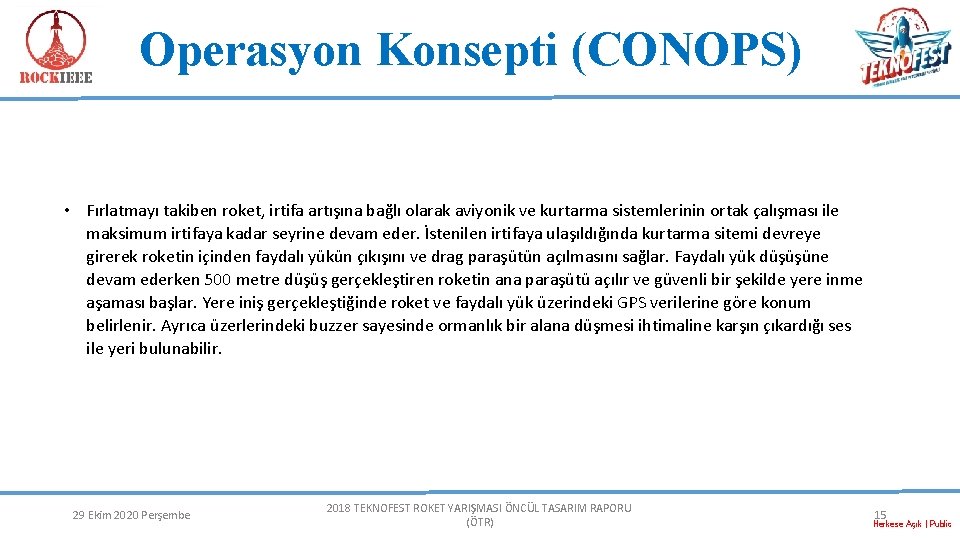 Operasyon Konsepti (CONOPS) • Fırlatmayı takiben roket, irtifa artışına bağlı olarak aviyonik ve kurtarma