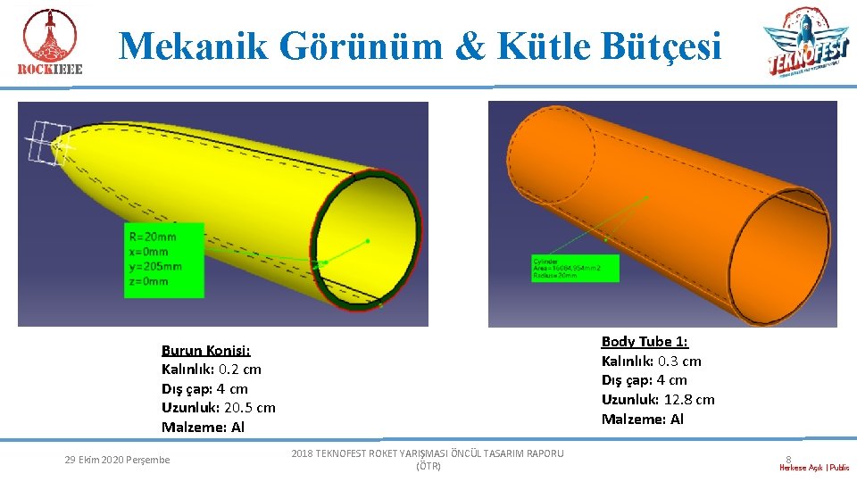 Mekanik Görünüm & Kütle Bütçesi Body Tube 1: Kalınlık: 0. 3 cm Dış çap: