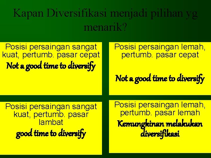 Kapan Diversifikasi menjadi pilihan yg menarik? Posisi persaingan sangat kuat, pertumb. pasar cepat Posisi