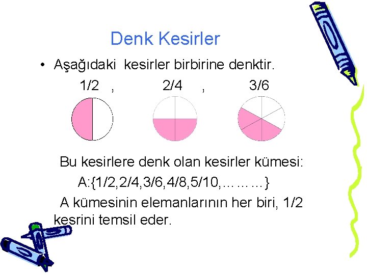 Denk Kesirler • Aşağıdaki kesirler birbirine denktir. 1/2 , 2/4 , 3/6 Bu kesirlere