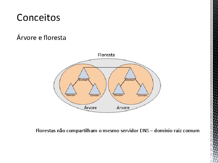 Conceitos Árvore e floresta Florestas não compartilham o mesmo servidor DNS – domínio raiz