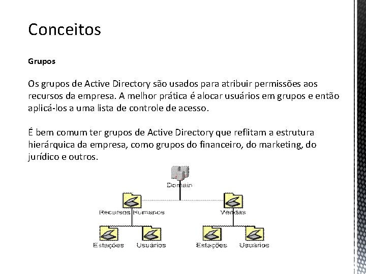 Conceitos Grupos Os grupos de Active Directory são usados para atribuir permissões aos recursos
