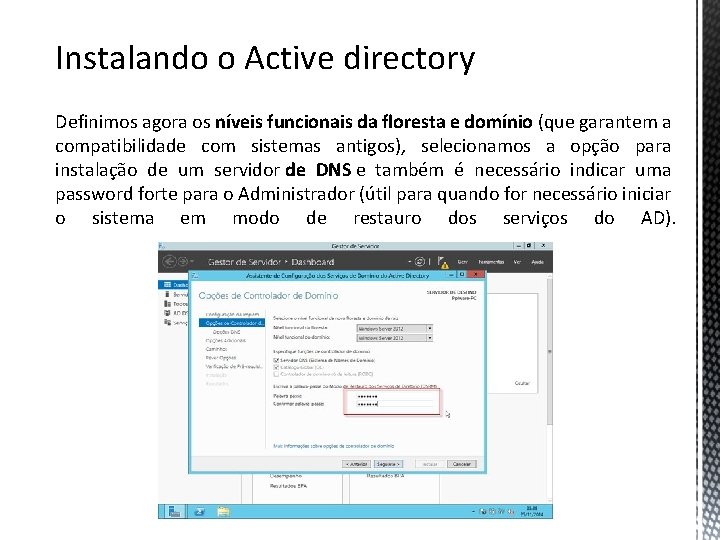 Instalando o Active directory Definimos agora os níveis funcionais da floresta e domínio (que