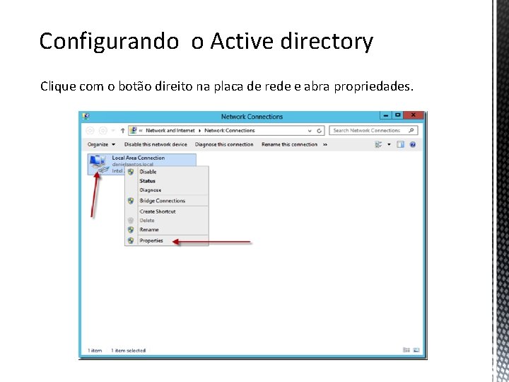 Configurando o Active directory Clique com o botão direito na placa de rede e