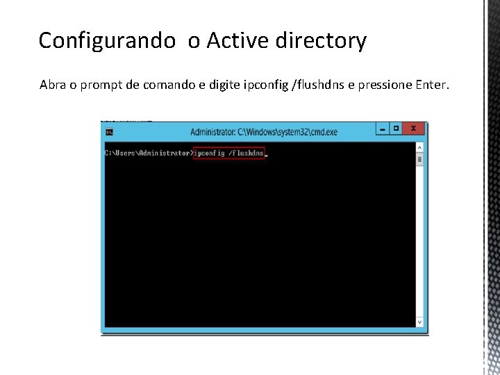 Configurando o Active directory Abra o prompt de comando e digite ipconfig /flushdns e