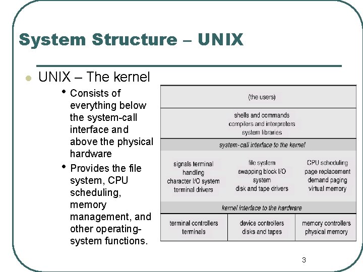 System Structure – UNIX l UNIX – The kernel • Consists of • everything