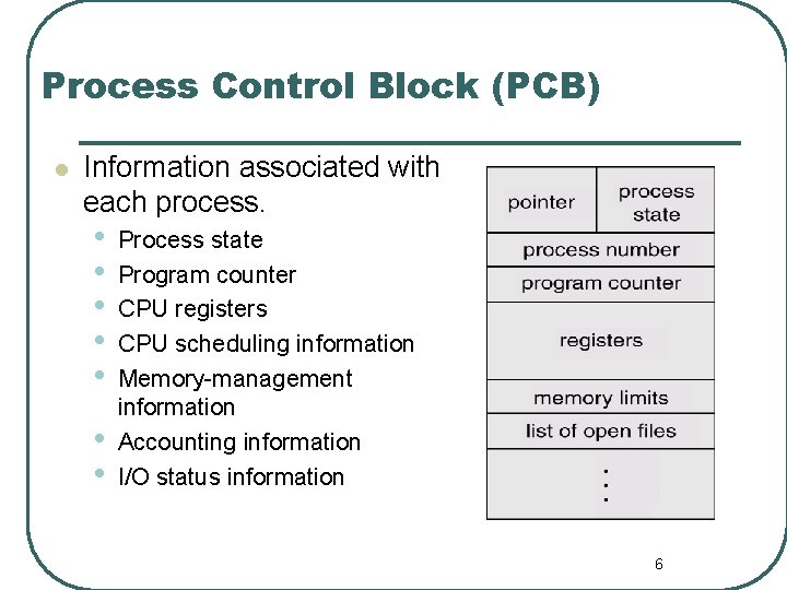 Process Control Block (PCB) l Information associated with each process. • • Process state