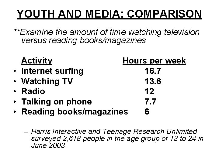 YOUTH AND MEDIA: COMPARISON **Examine the amount of time watching television versus reading books/magazines