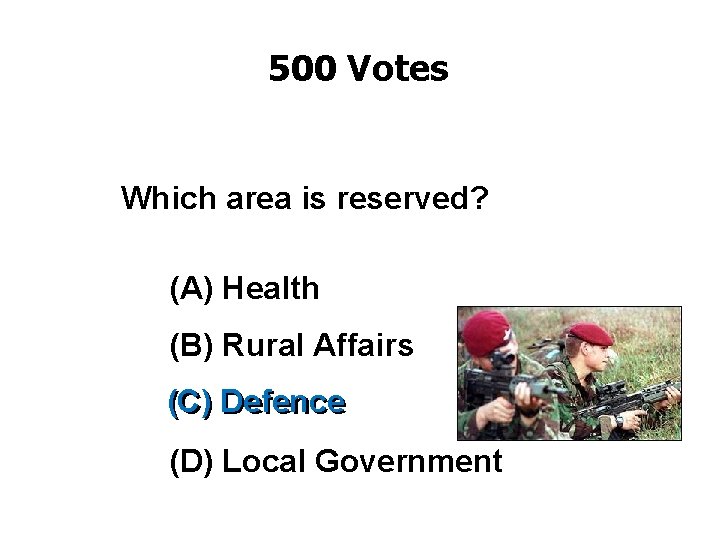 500 Votes Which area is reserved? (A) Health (B) Rural Affairs (C) Defence (D)