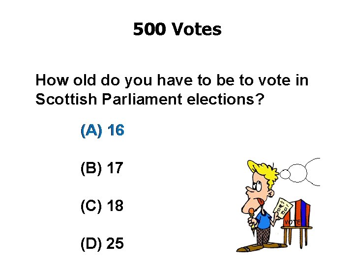 500 Votes How old do you have to be to vote in Scottish Parliament