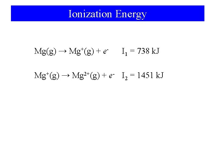 Ionization Energy Mg(g) → Mg+(g) + e- I 1 = 738 k. J Mg+(g)