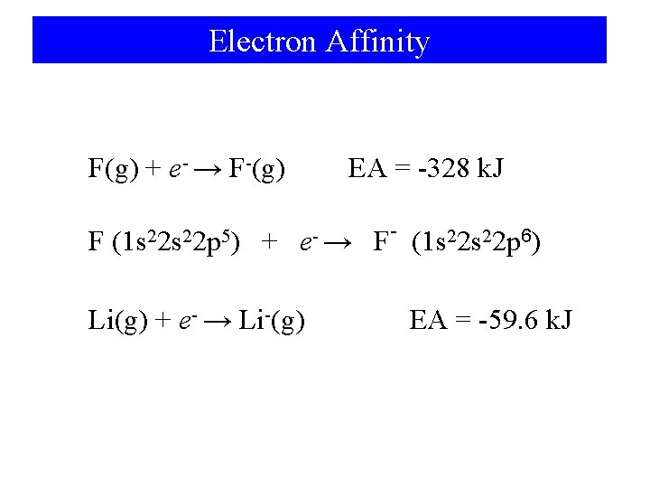 Electron Affinity F(g) + e- → F-(g) F (1 s 22 p 5) +