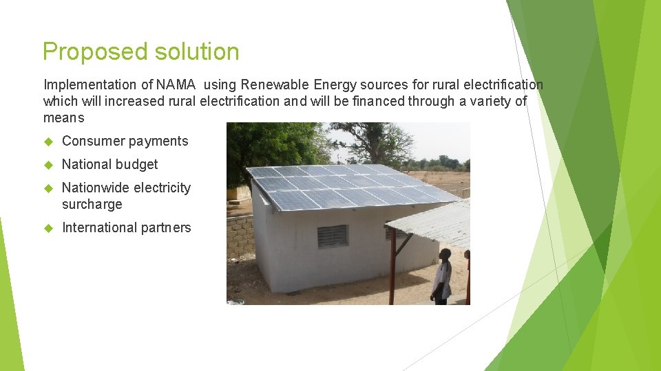 Proposed solution Implementation of NAMA using Renewable Energy sources for rural electrification which will