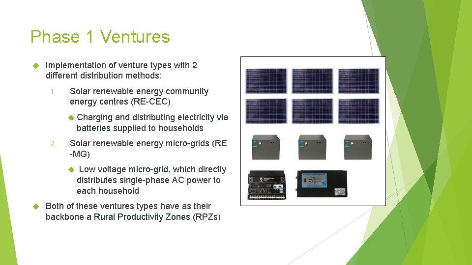 Phase 1 Ventures Implementation of venture types with 2 different distribution methods: 1. Solar