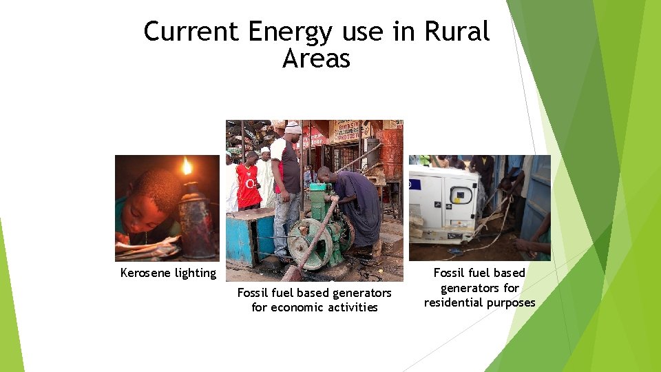 Current Energy use in Rural Areas Kerosene lighting Fossil fuel based generators for economic