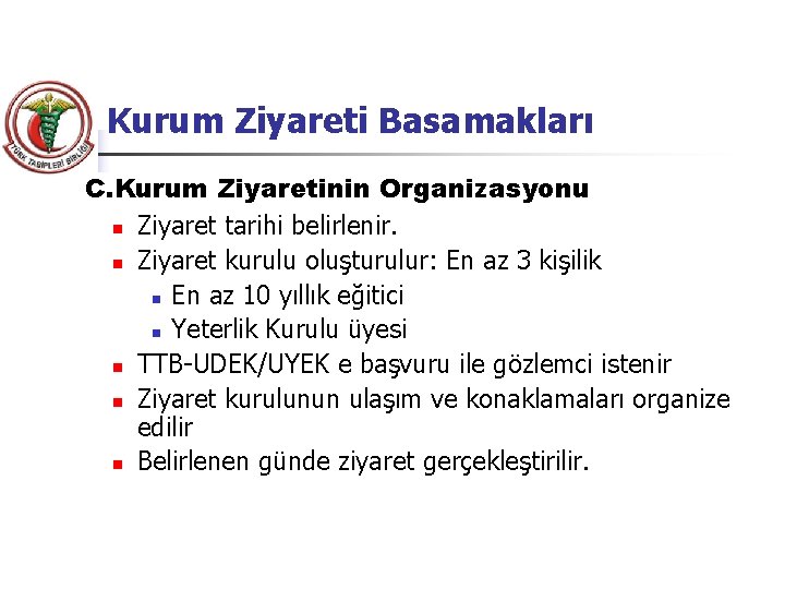 Kurum Ziyareti Basamakları C. Kurum Ziyaretinin Organizasyonu n Ziyaret tarihi belirlenir. n Ziyaret kurulu