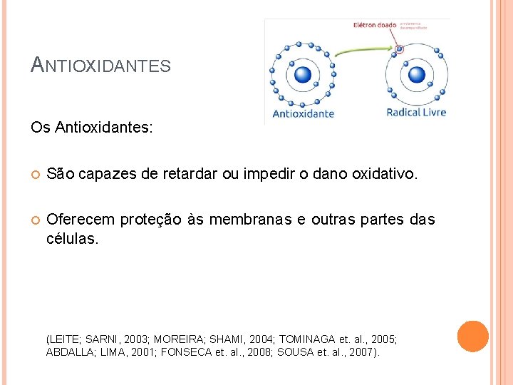 ANTIOXIDANTES Os Antioxidantes: São capazes de retardar ou impedir o dano oxidativo. Oferecem proteção
