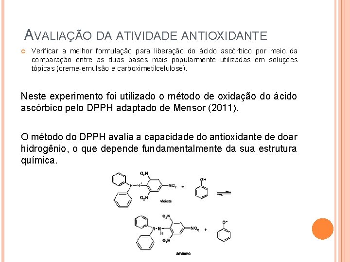 AVALIAÇÃO DA ATIVIDADE ANTIOXIDANTE Verificar a melhor formulação para liberação do ácido ascórbico por