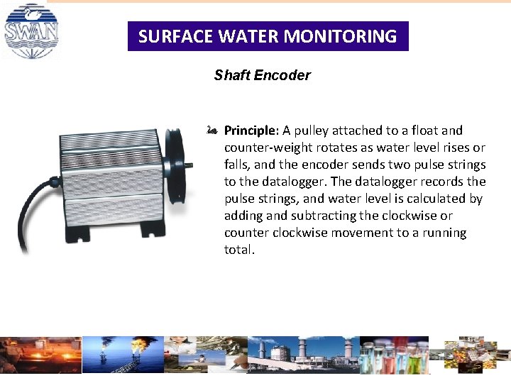 SURFACE WATER MONITORING Shaft Encoder Principle: A pulley attached to a float and counter-weight SURFACE WATER MONITORING Shaft Encoder Principle: A pulley attached to a float and counter-weight