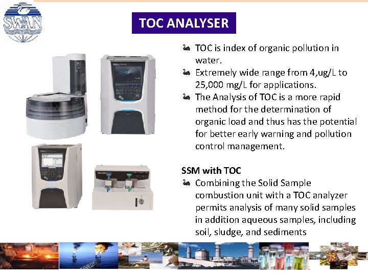 TOC ANALYSER TOC is index of organic pollution in water. Extremely wide range from TOC ANALYSER TOC is index of organic pollution in water. Extremely wide range from