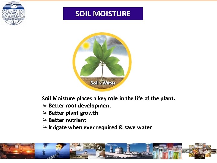 SOIL MOISTURE Soil Moisture places a key role in the life of the plant. SOIL MOISTURE Soil Moisture places a key role in the life of the plant.