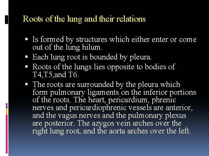 Roots of the lung and their relations Is formed by structures which either enter