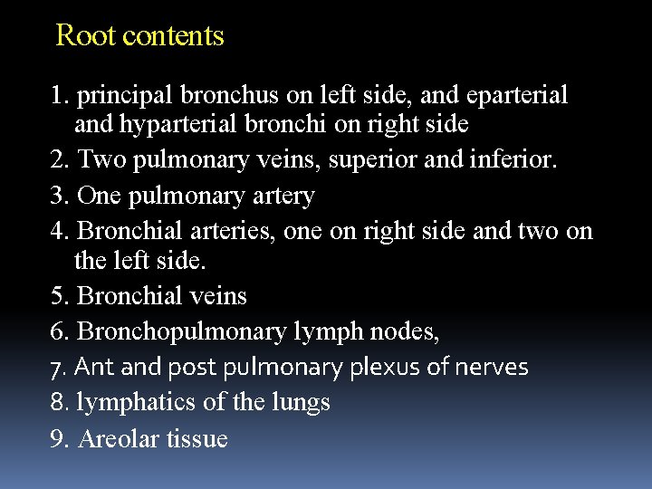 Root contents 1. principal bronchus on left side, and eparterial and hyparterial bronchi on