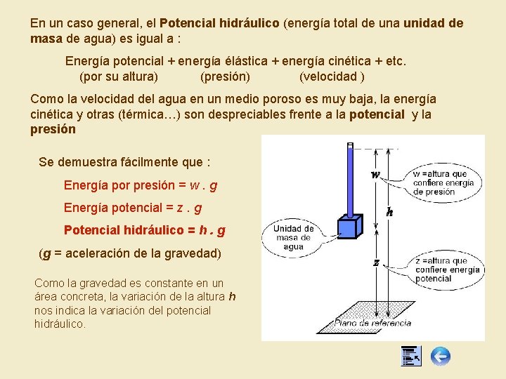 En un caso general, el Potencial hidráulico (energía total de una unidad de masa