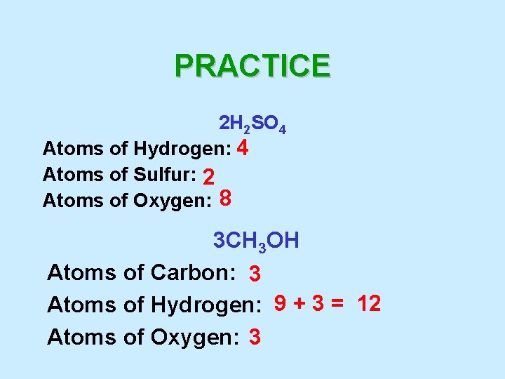 PRACTICE 2 H 2 SO 4 Atoms of Hydrogen: 4 Atoms of Sulfur: 2