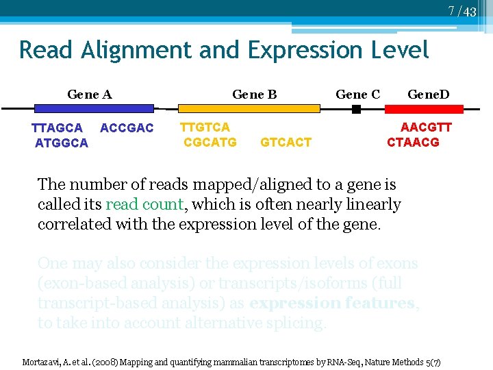 7 /43 Read Alignment and Expression Level Gene A TTAGCA ACCGAC ATGGCA Gene B