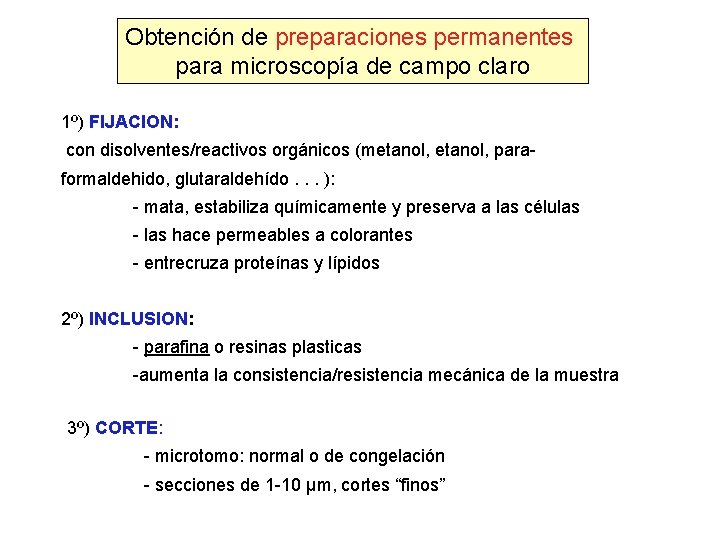 Obtención de preparaciones permanentes para microscopía de campo claro 1º) FIJACION: con disolventes/reactivos orgánicos Obtención de preparaciones permanentes para microscopía de campo claro 1º) FIJACION: con disolventes/reactivos orgánicos