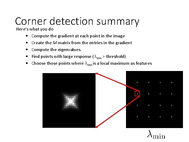 Corner detection summary Here’s what you do • Compute the gradient at each point