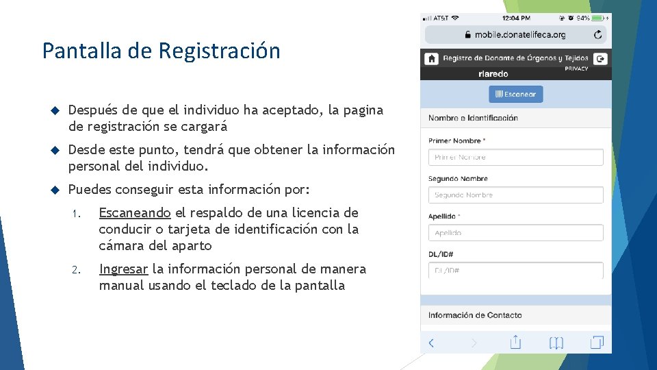 Pantalla de Registración Después de que el individuo ha aceptado, la pagina de registración