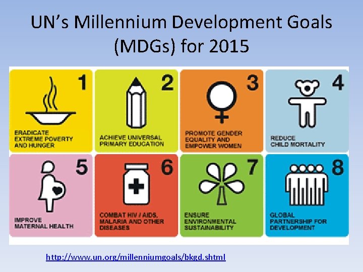 UN’s Millennium Development Goals (MDGs) for 2015 http: //www. un. org/millenniumgoals/bkgd. shtml 