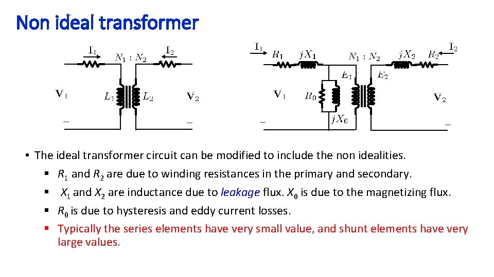 Non ideal transformer • The ideal transformer circuit can be modified to include the