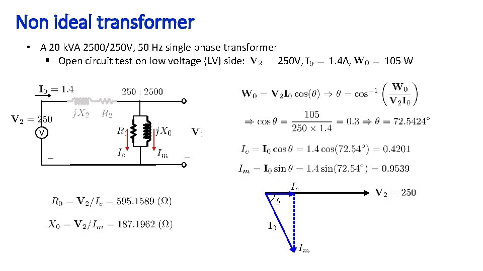 Non ideal transformer • A 20 k. VA 2500/250 V, 50 Hz single phase