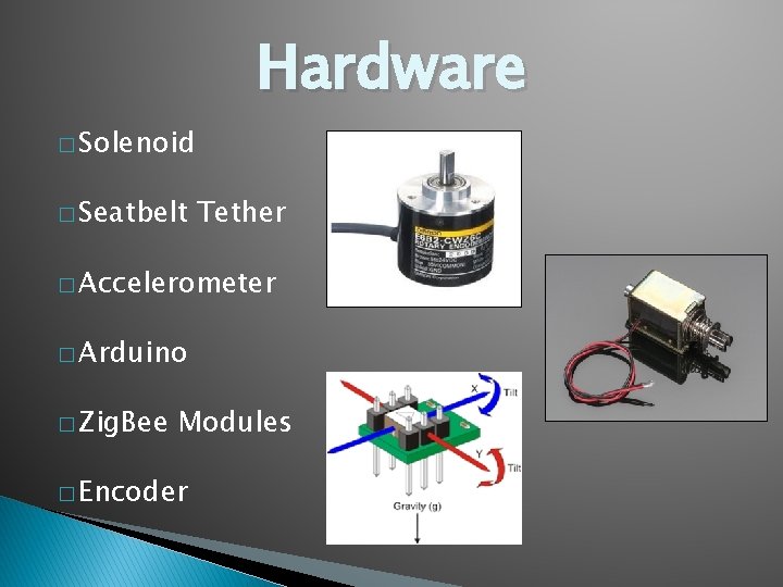 Hardware � Solenoid � Seatbelt Tether � Accelerometer � Arduino � Zig. Bee Modules