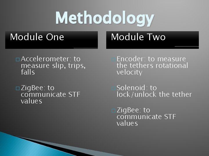 Methodology Module One to measure slip, trips, falls Module Two � Accelerometer: � Encoder: